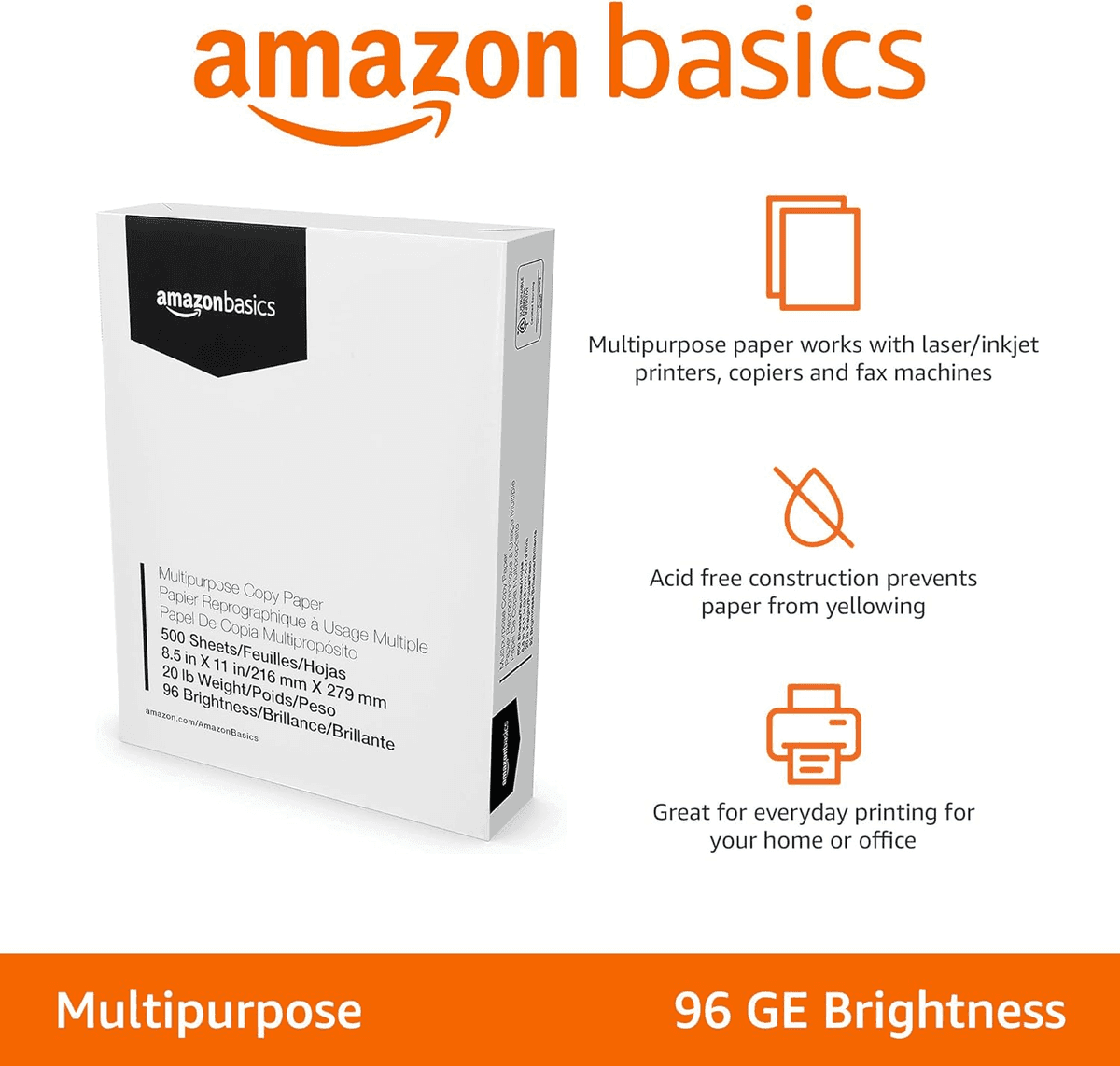 Amazon Basics Multipurpose Copy Paper, 96 Bright, 500 Sheets image 2