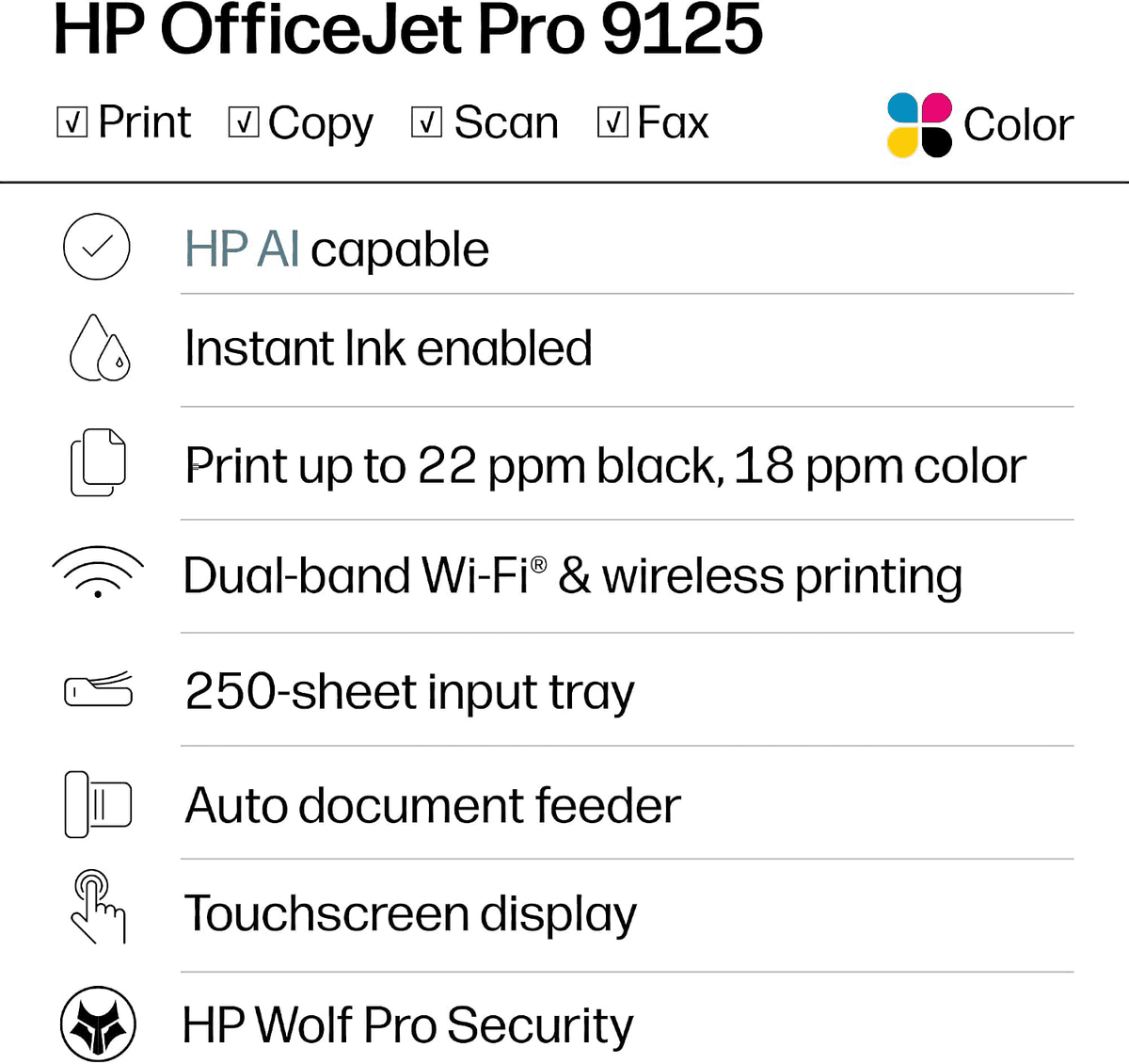 HP OfficeJet Pro 9125 Wireless All-in-One Color Inkjet Printer image 2