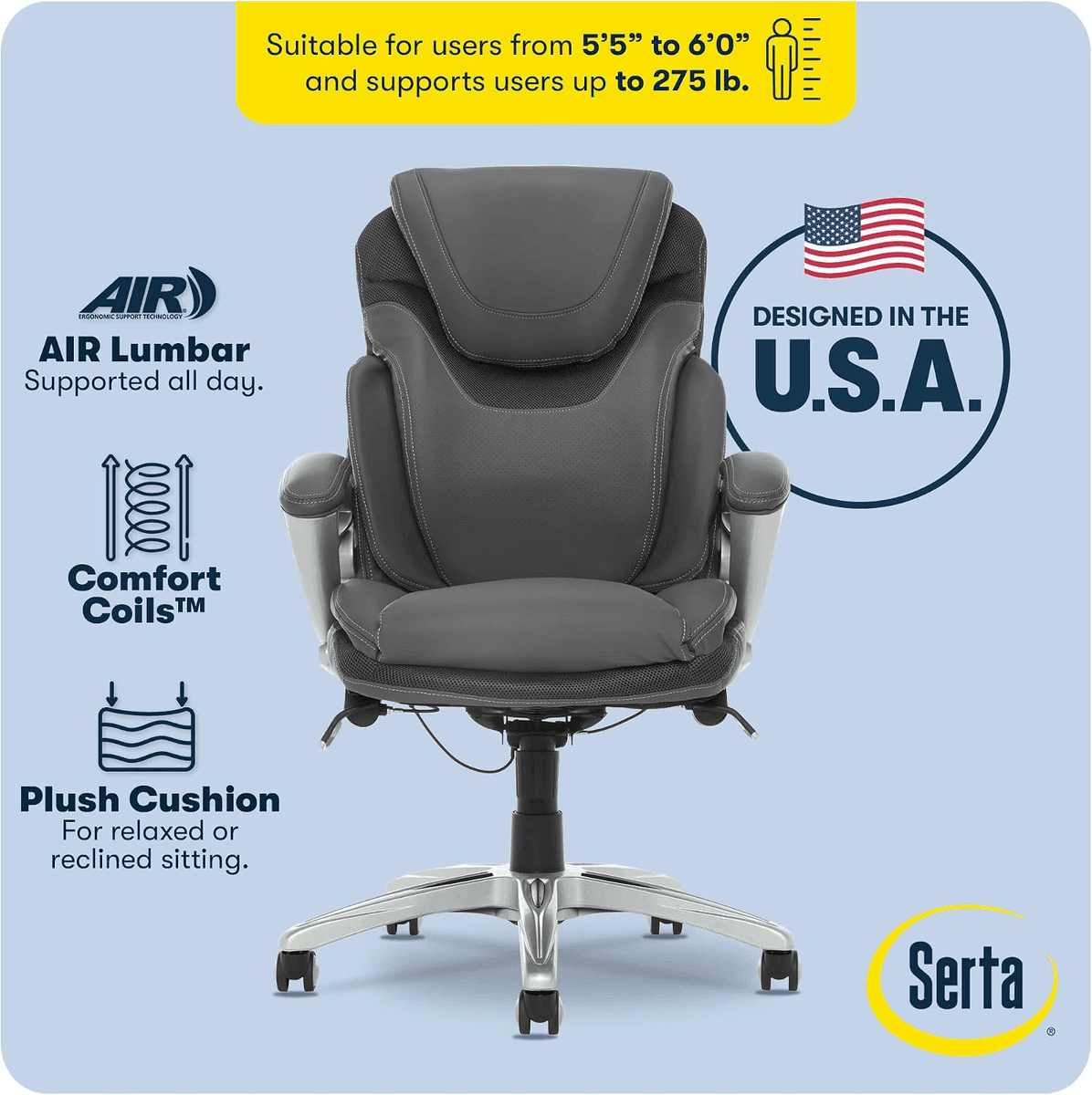 [Prime] Serta Bryce Ergonomic Executive Office Chair, Gray image 4