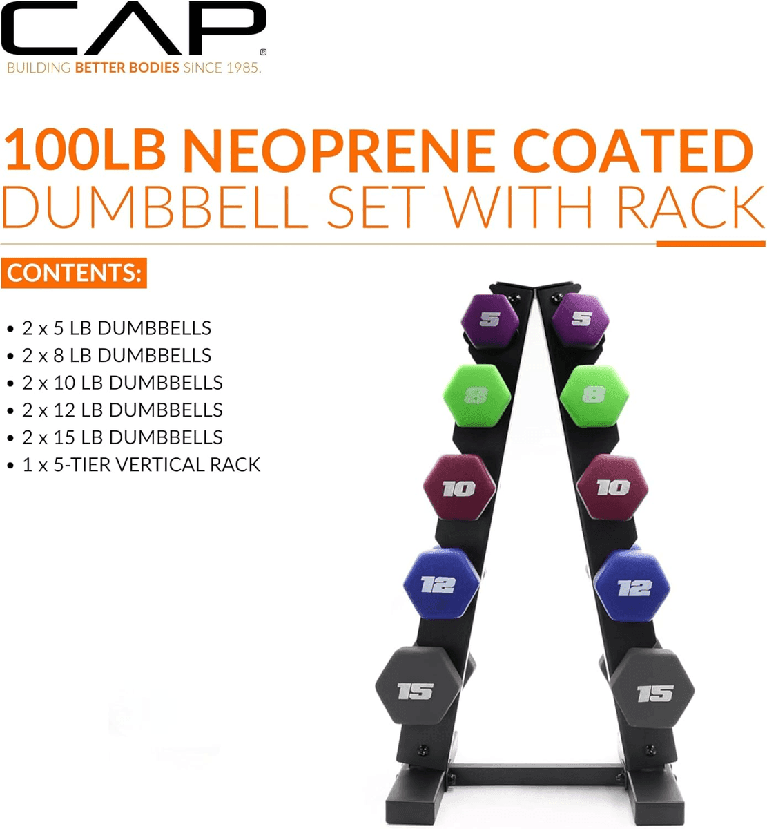 [Prime] CAP 100-Lb Neoprene Dumbbell Set with Rack image 2