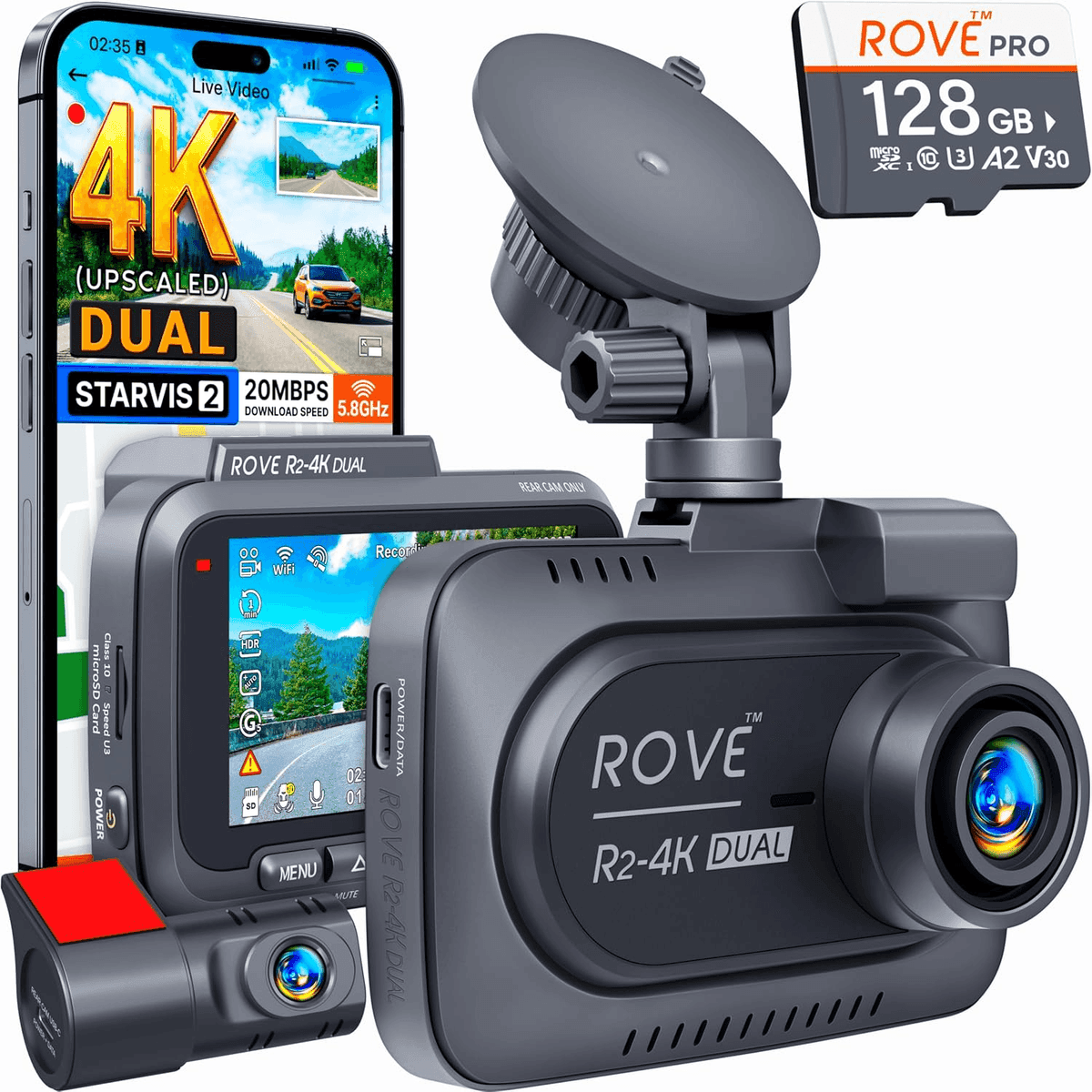 [Prime] ROVE R2-4K Dual Front and Rear Dash Cam with 128GB Card