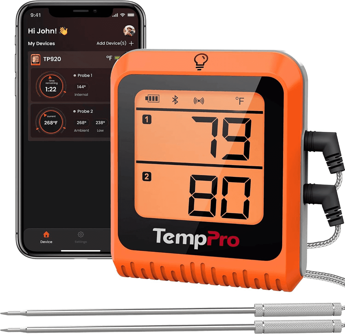 TempPro TempSync 650-ft Bluetooth Meat Thermometer with 2 Probes