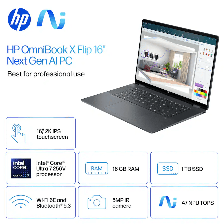 HP OmniBook X Flip 16-Inch 2K Touch Laptop, Core Ultra 7, 16GB/1TB image 3