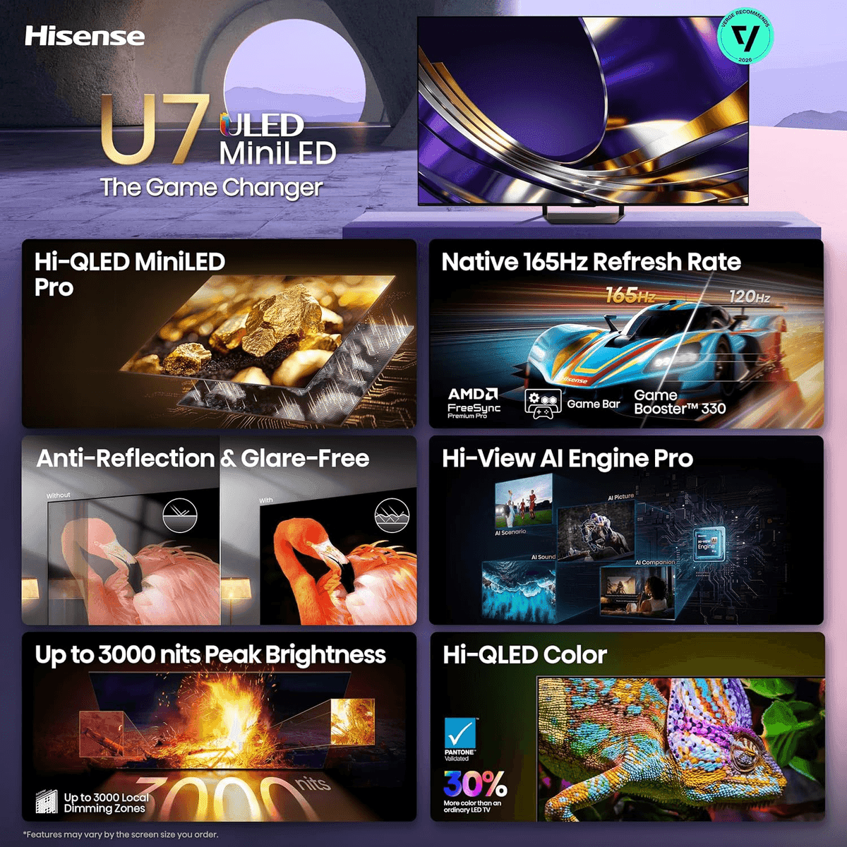 Hisense 75-Inch U7 Mini-LED 4K 165Hz Smart Google TV (75U7SG) image 3