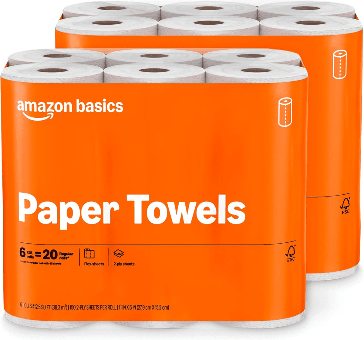 Amazon Basics 2-Ply Flex-Sheets Paper Towels - 12 Rolls, 150 Sheets Each