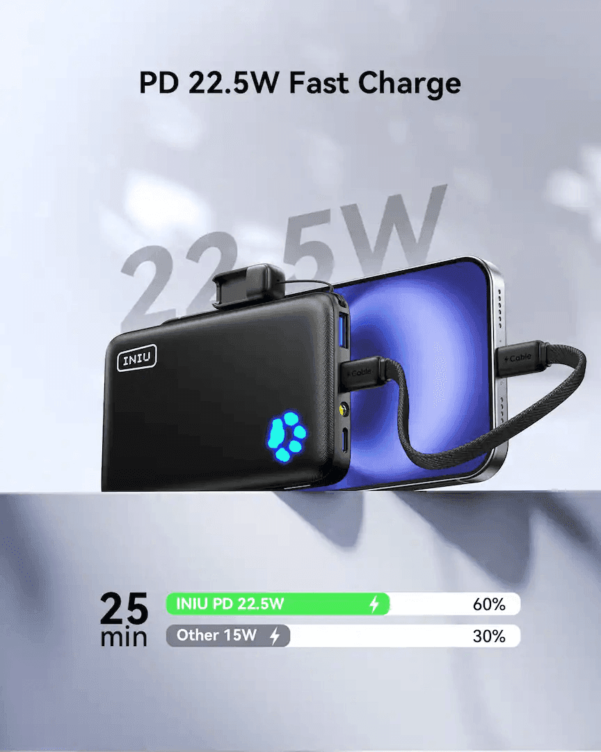 INIU 10,000mAh 22.5W Compact Power Bank with USB-C Cable image 3