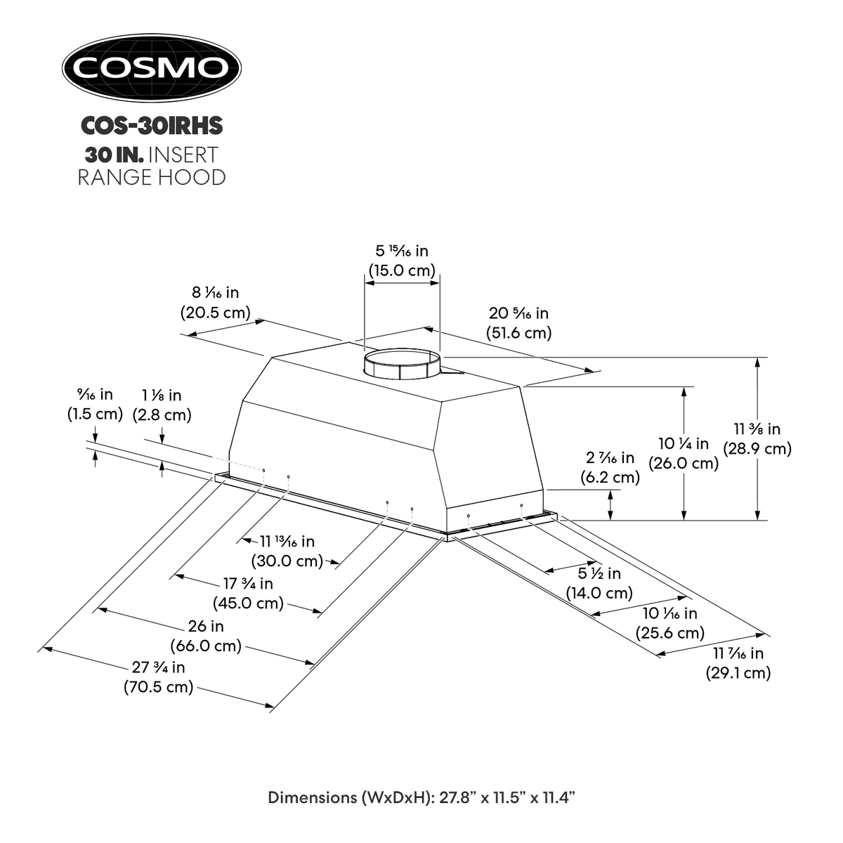 Cosmo 30-Inch 380-CFM Stainless Steel Insert Range Hood image 4