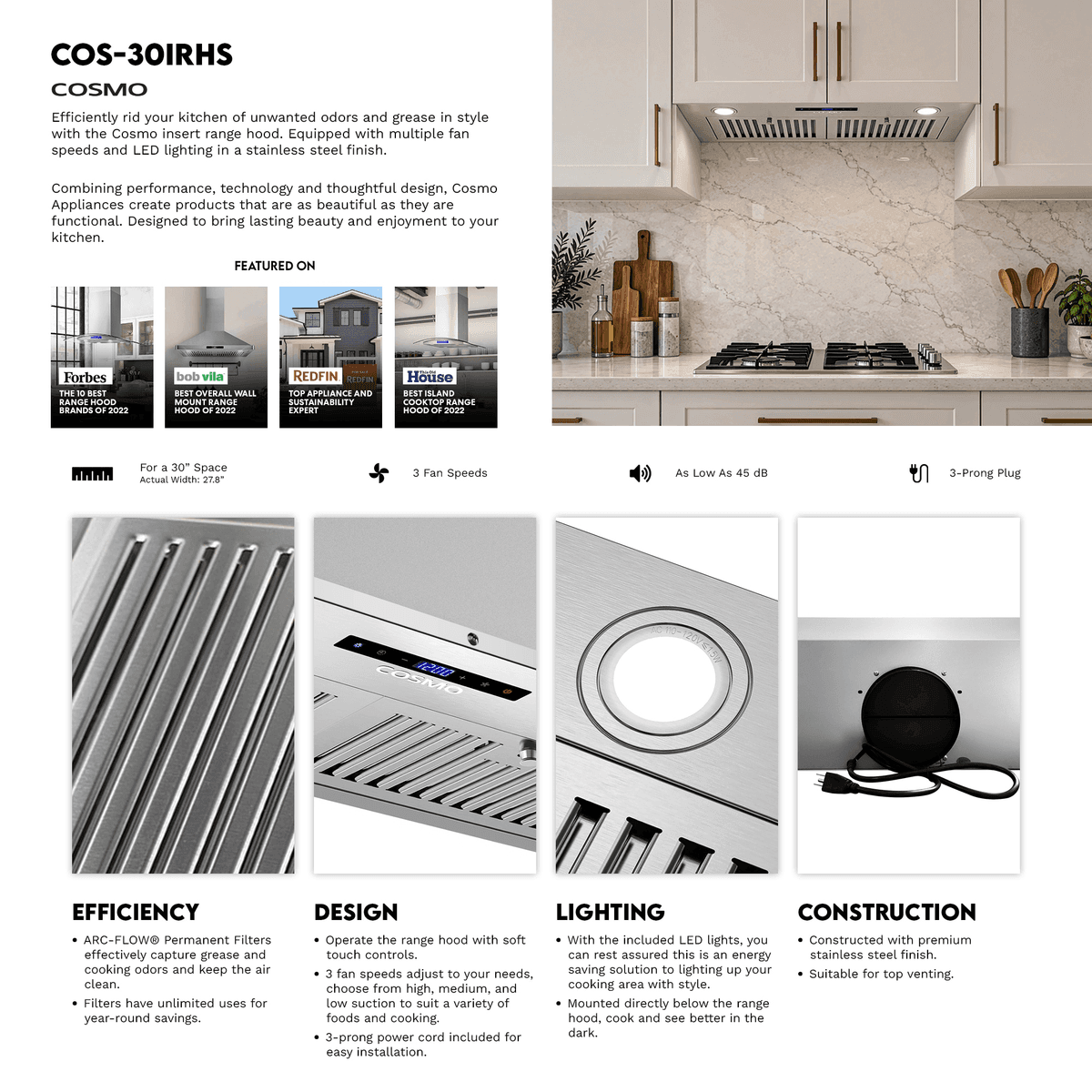 Cosmo 30-Inch 380-CFM Stainless Steel Insert Range Hood image 3