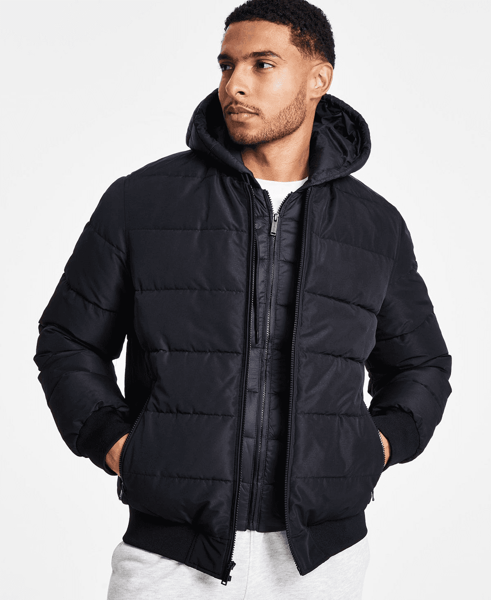 Michael Kors Men's Hooded Puffer Bomber Jacket, Black, Small