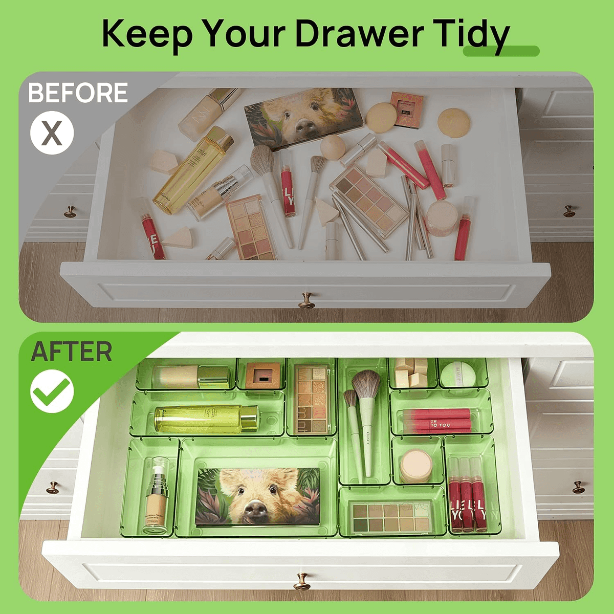 Vtopmart 25-Pack Plastic Drawer Organizers with Anti-Slip Pads - Transparent Green image 3