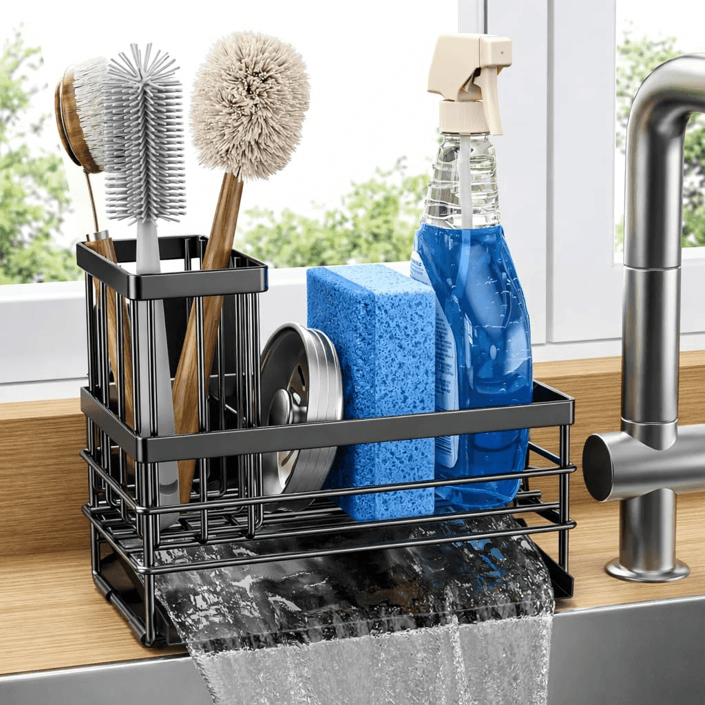 Cisily Stainless Steel Sink Caddy with Self-Drain Tray, Black
