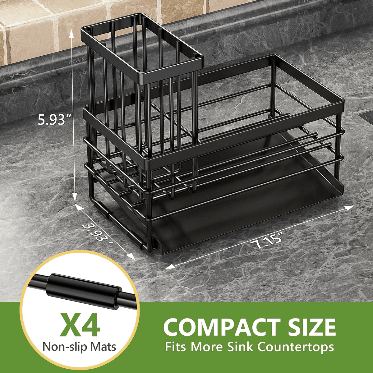 Cisily Stainless Steel Sink Caddy with Self-Drain Tray, Black image 4