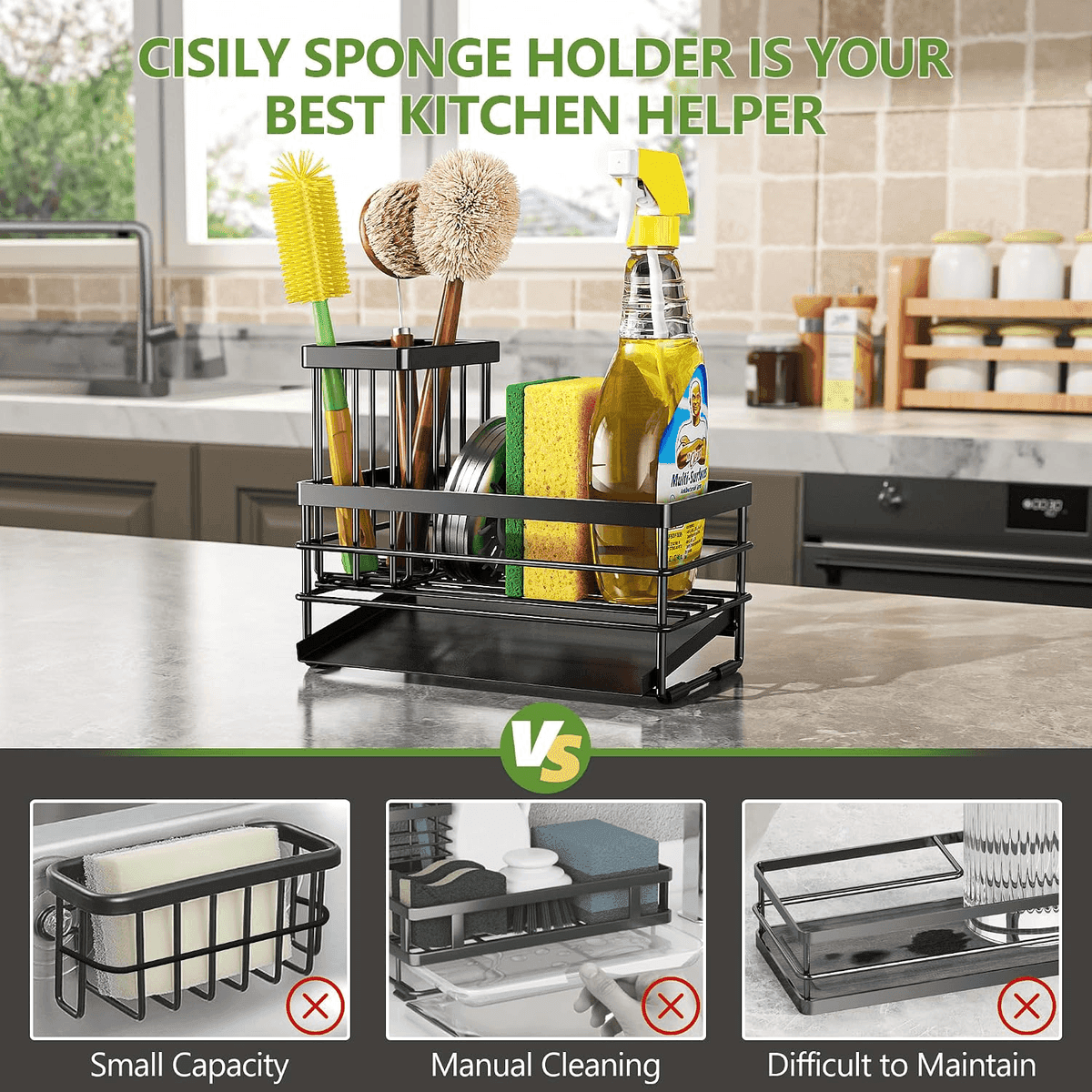 Cisily Stainless Steel Sink Caddy with Self-Drain Tray, Black image 2