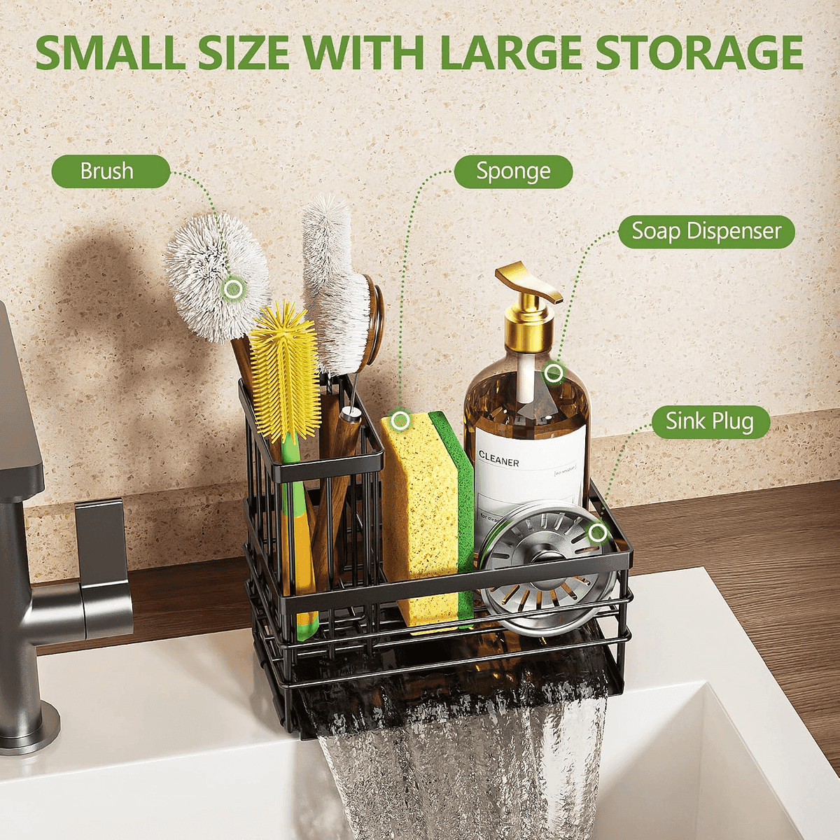 Cisily Stainless Steel Sink Caddy with Self-Drain Tray, Black image 5