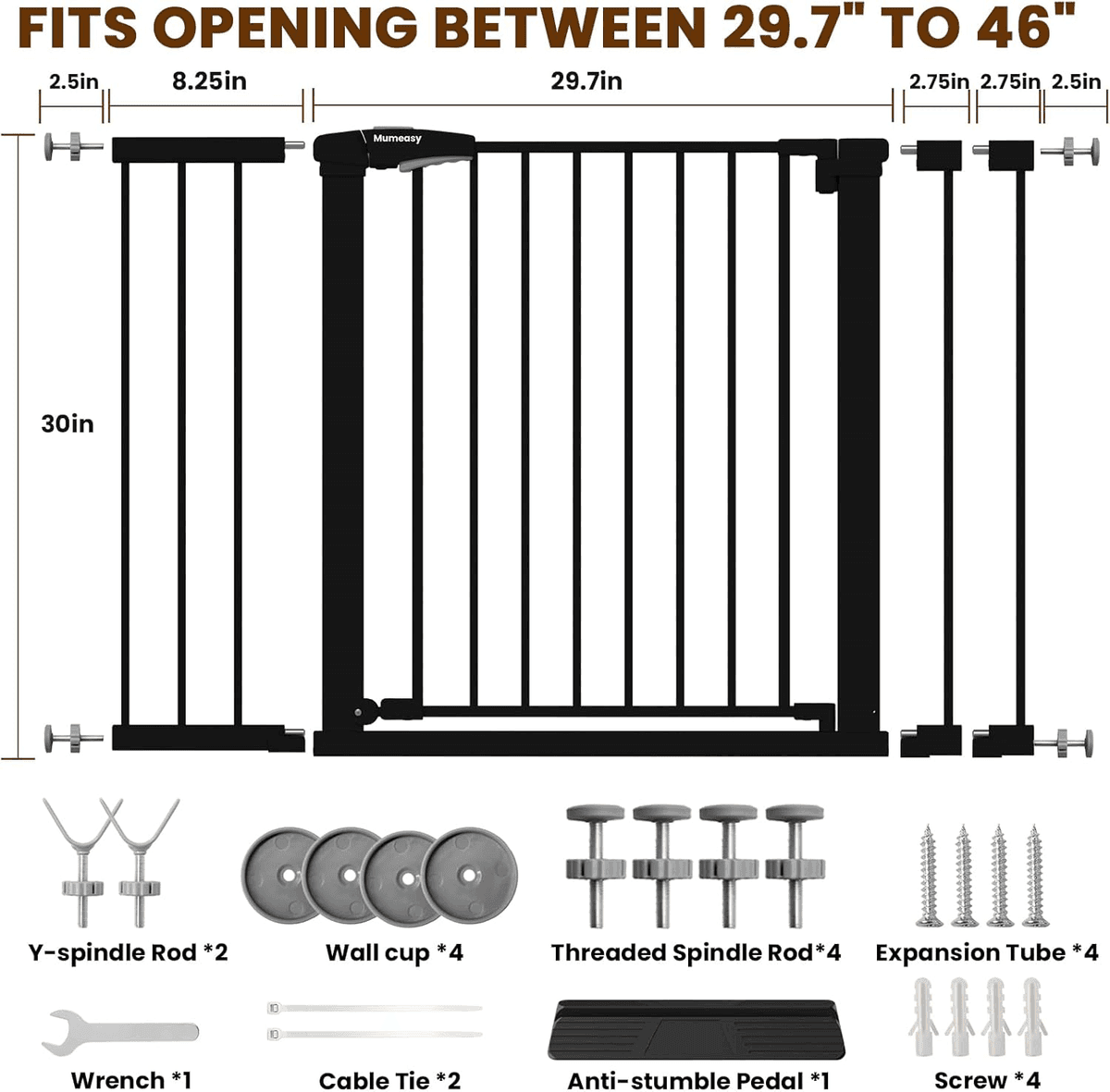 Mumeasy 29.7-46-Inch Auto-Close Baby Gate (Black) for $63.74