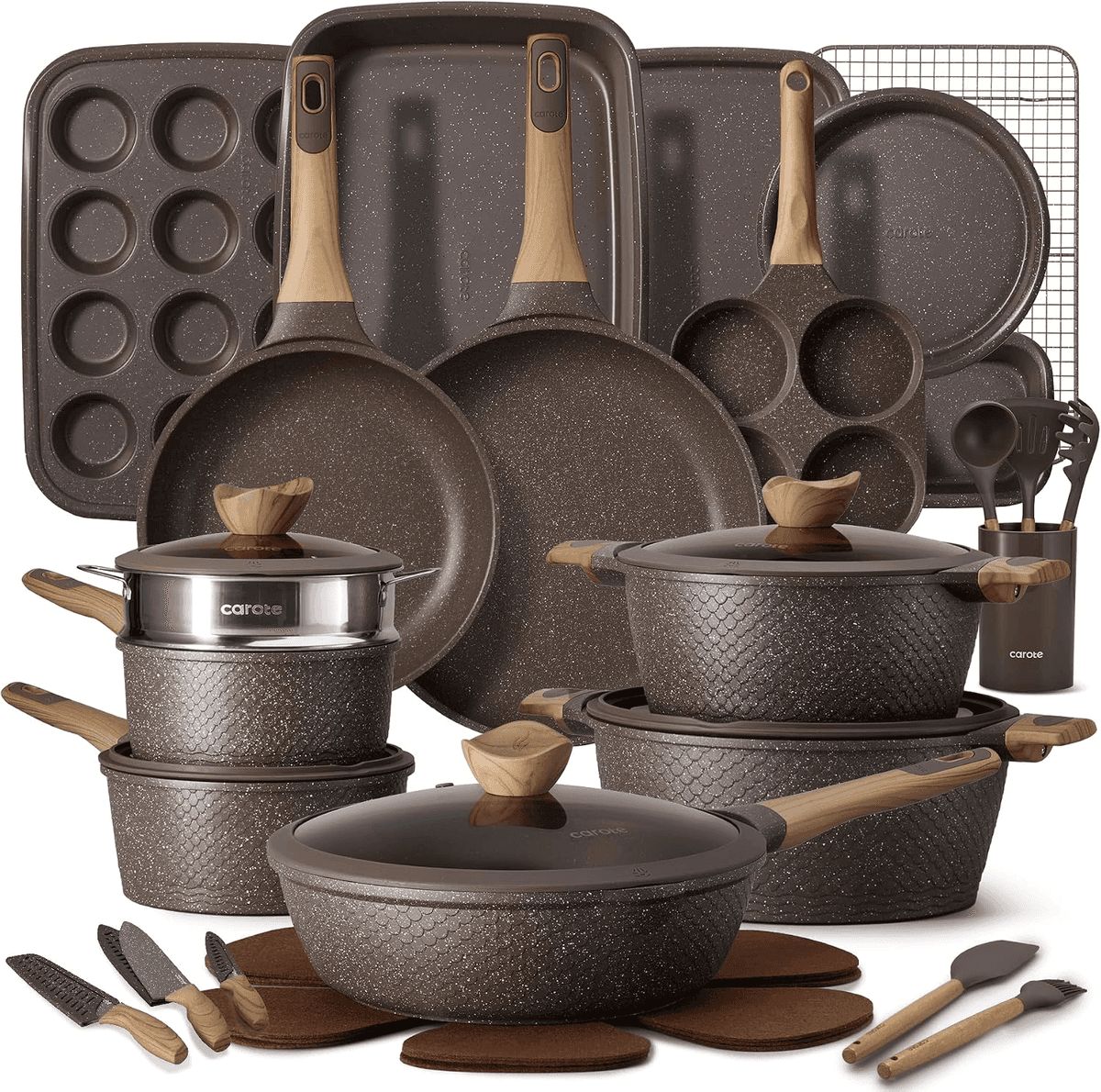 CAROTE 39-Piece Nonstick Cookware and Bakeware Set (Brown)