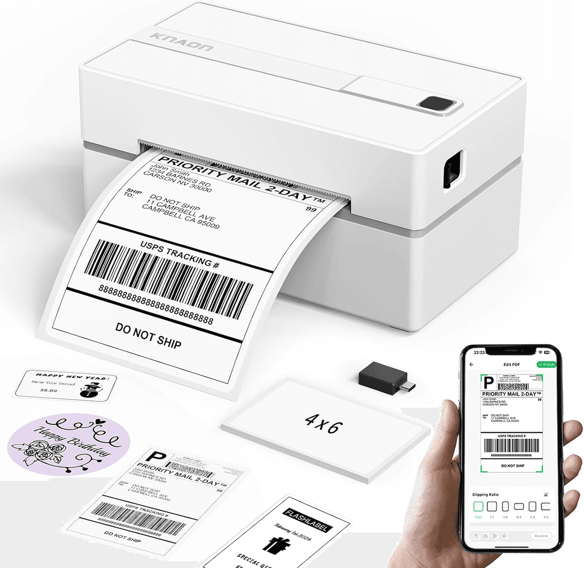 KNAON Bluetooth 4x6 Thermal Shipping Label Printer - White