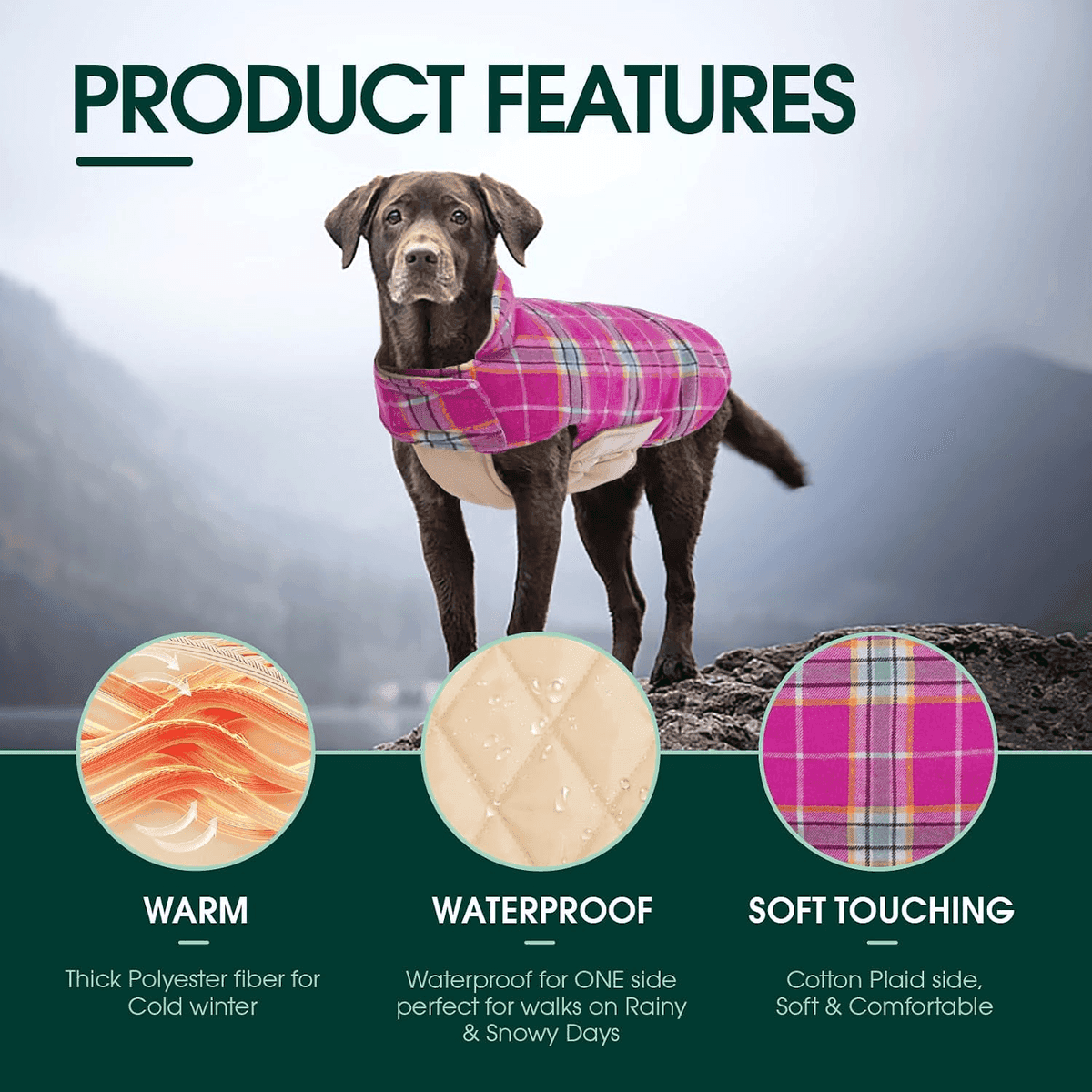 Kuoser Reversible Waterproof Dog Coat - Rose, Large image 3