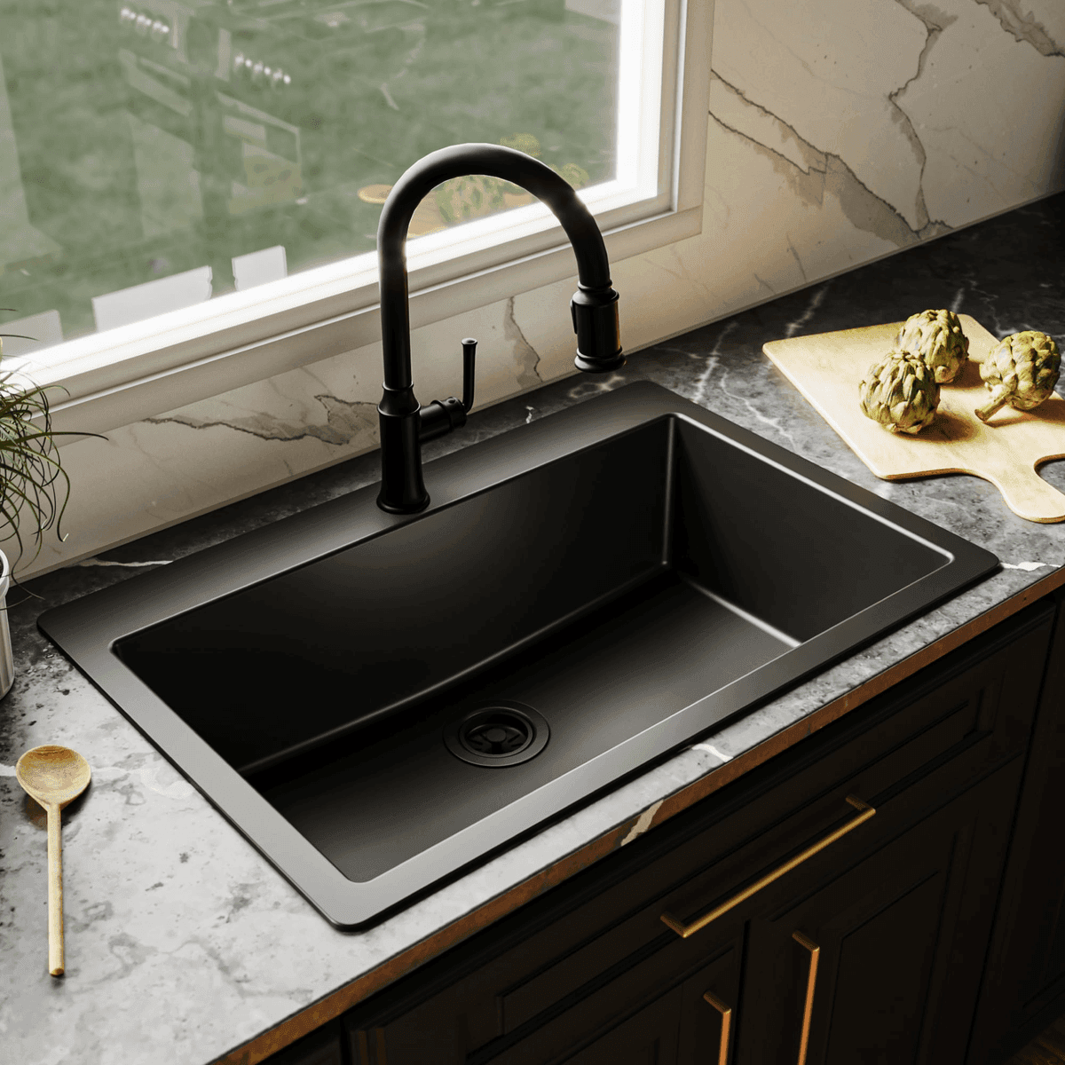 allen + roth Kaiden 33-in Black Quartz Single-Bowl Kitchen Sink image 3