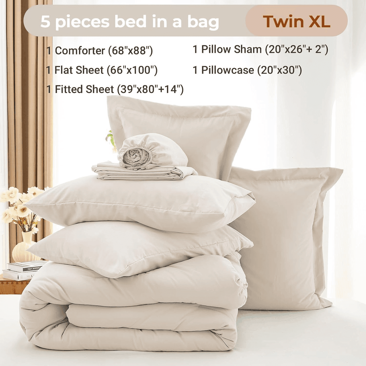 MUXHOMO Twin XL 5-Piece Comforter Set, Beige image 4