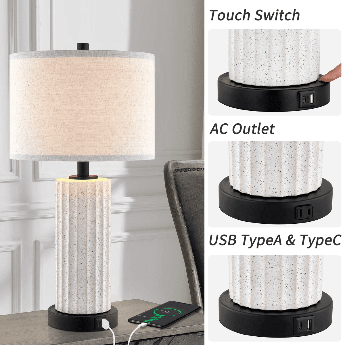 KAWOTI 23-in Touch Table Lamp Set with USB Ports image 3