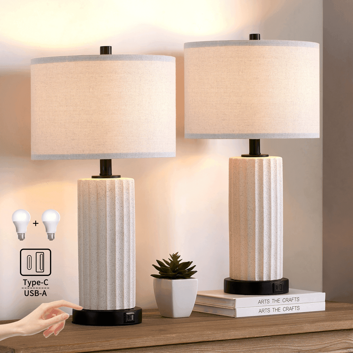 KAWOTI 23-in Touch Table Lamp Set with USB Ports