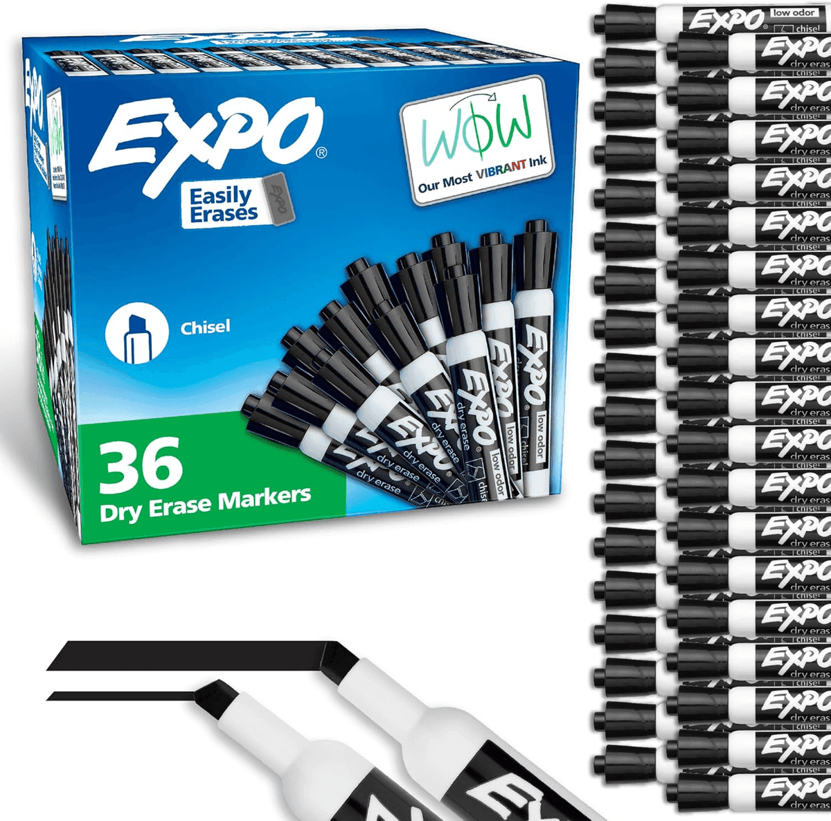 EXPO Low-Odor Dry Erase Markers, Black Chisel Tip, 36-Count