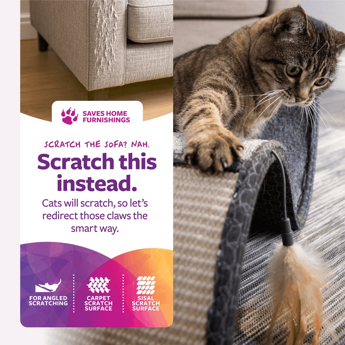 SmartyKat Scratch Scroll Sisal and Carpet Cat Scratcher with Feather Toy image 2