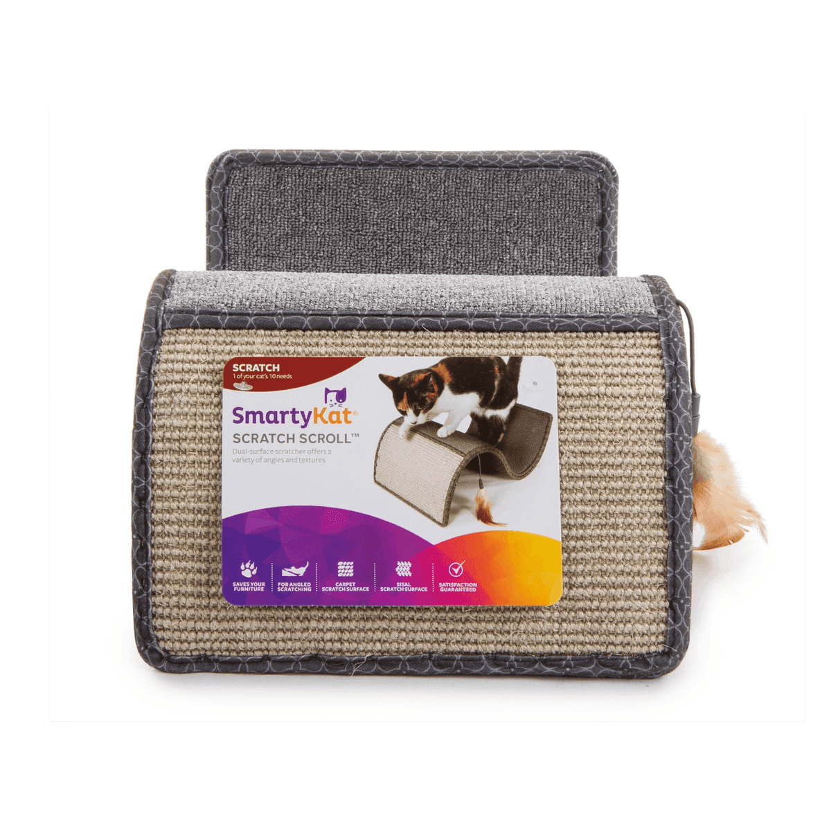 SmartyKat Scratch Scroll Sisal and Carpet Cat Scratcher with Feather Toy