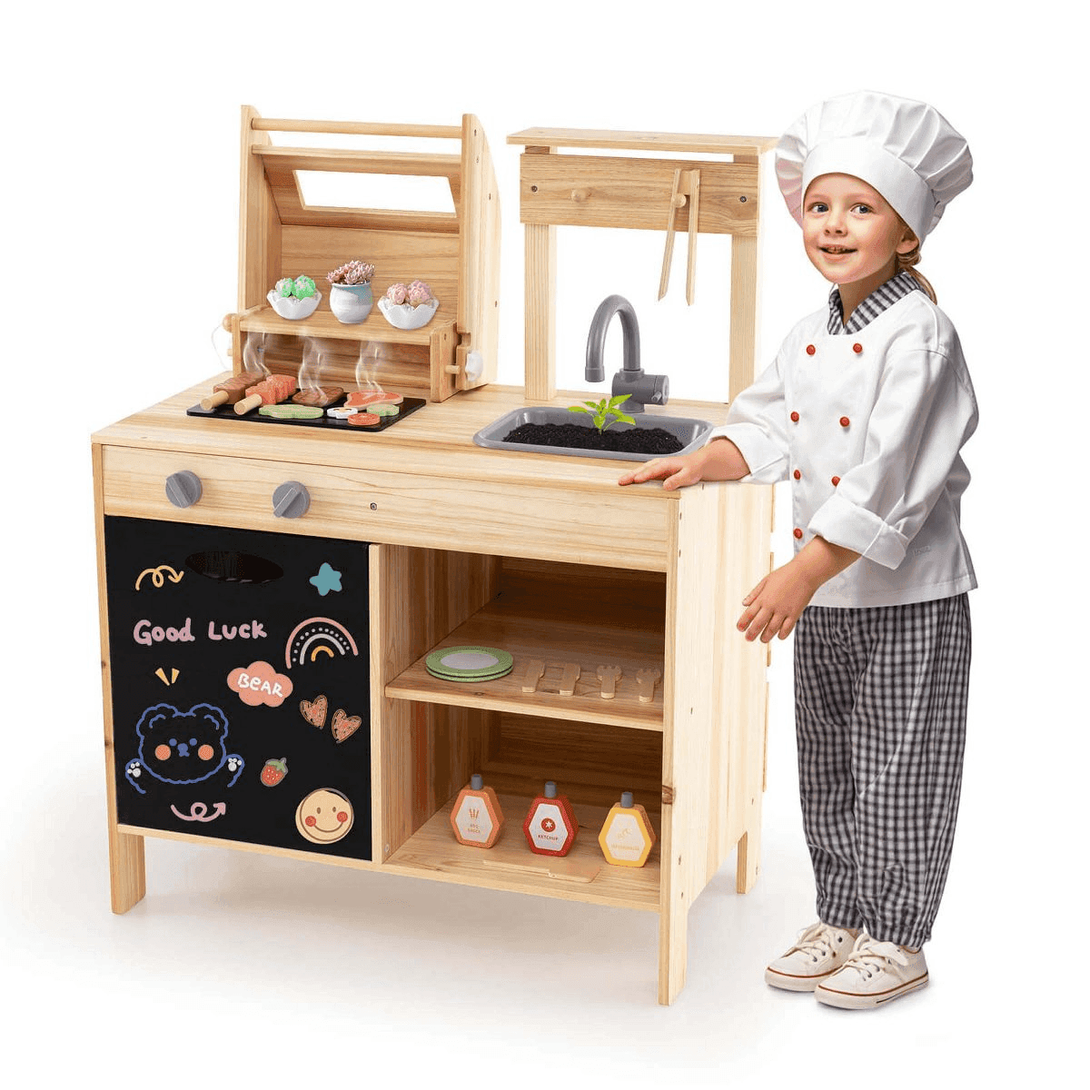 Costway Wooden Barbecue Grill Pretend-Play Set with 25 Accessories