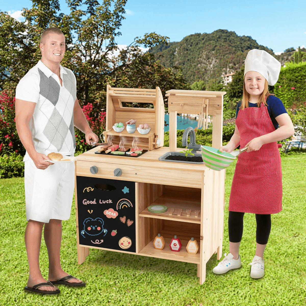Costway Wooden Barbecue Grill Pretend-Play Set with 25 Accessories image 2