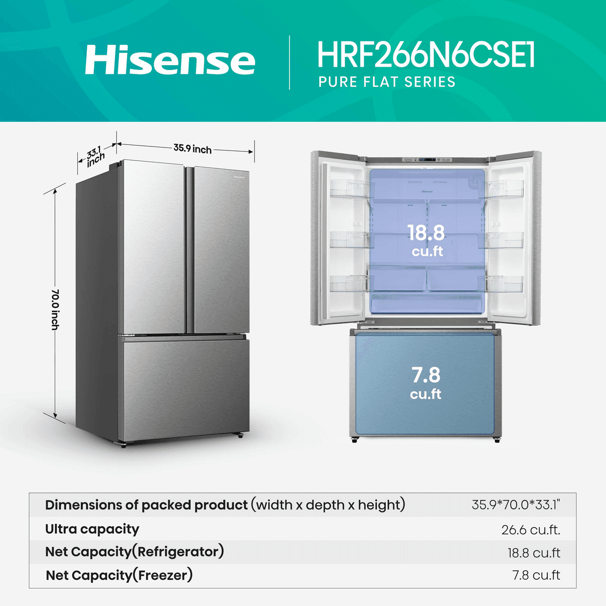 Hisense 26.6 cu. ft. PureFlat French-Door Refrigerator image 3
