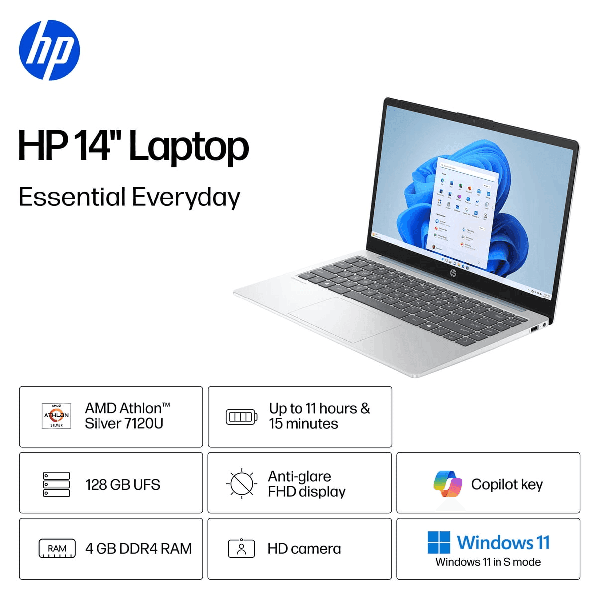HP 14-inch AMD Athlon Laptop, 4GB/128GB image 2