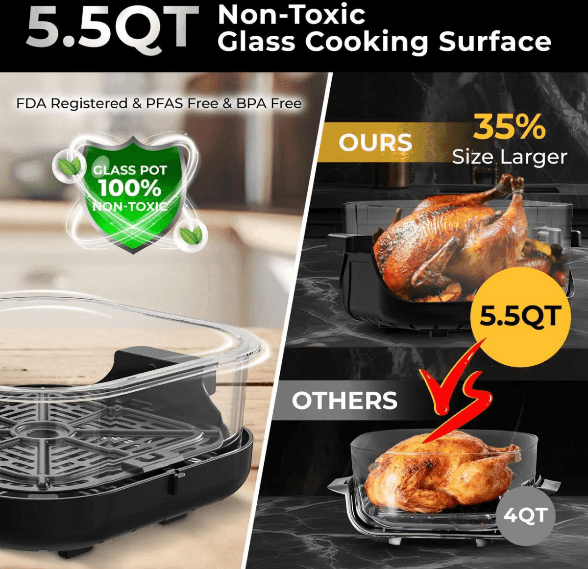 Rosewill 8-in-1 Portable Glass Air Fryer, 5.5-Qt. and 1.6-Qt. image 5
