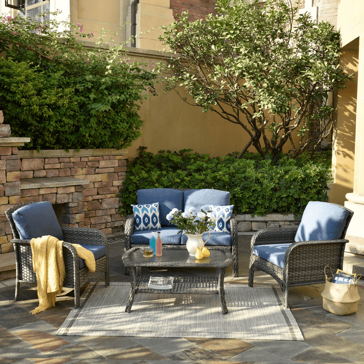 Ovios New Augtus 4-Piece Rattan Patio Conversation Set - Denim Blue