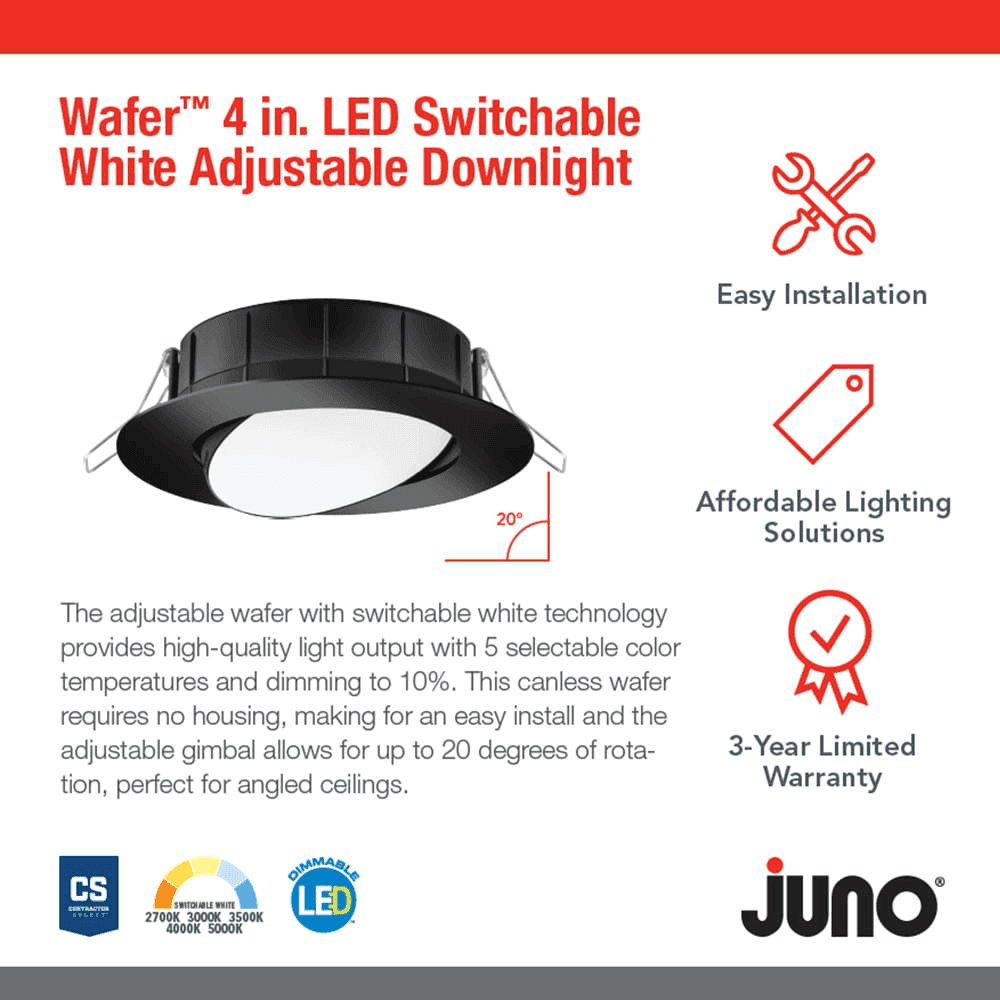 Juno 4-in Matte Black Switchable-White Canless LED Downlight image 3