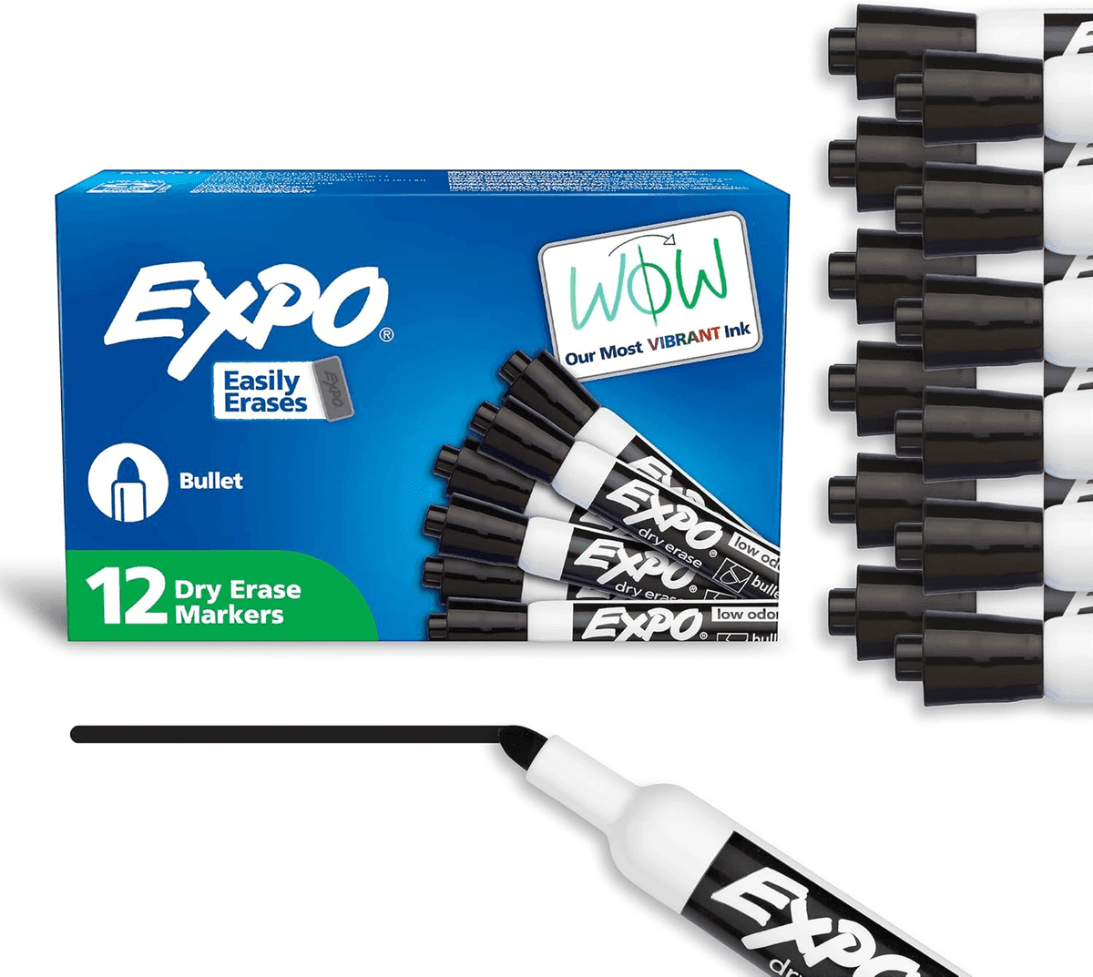 EXPO Low-Odor Bullet-Tip Dry Erase Markers, Black, 12-Count