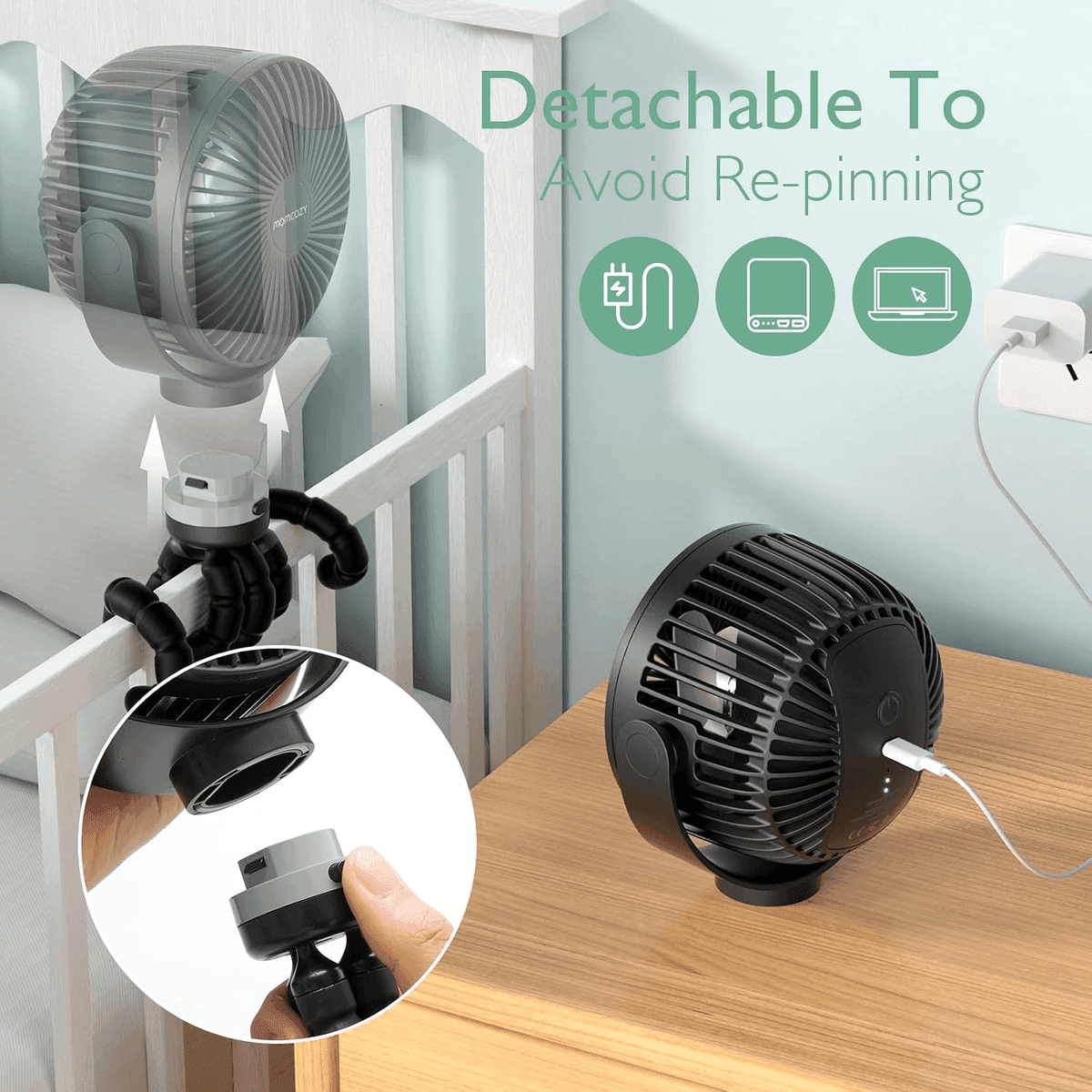 Momcozy 8000mAh Portable Stroller Fan - Black image 5